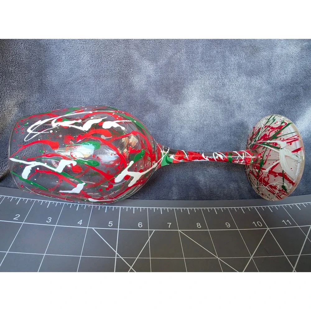 Lolita Holiday Splash Hand Painted Wine Glass Red Green White Festive Stemware